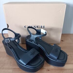 Coach Gale Wedge Platform Sandals Women’s 5 B Black Leather Ankle Strap Logo NWB